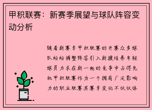 甲积联赛：新赛季展望与球队阵容变动分析