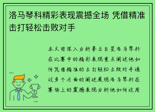 洛马琴科精彩表现震撼全场 凭借精准击打轻松击败对手