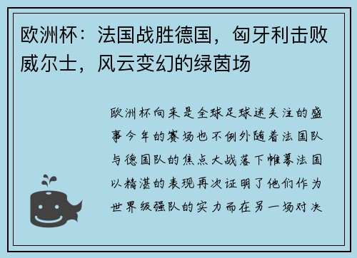 欧洲杯：法国战胜德国，匈牙利击败威尔士，风云变幻的绿茵场
