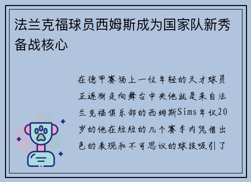 法兰克福球员西姆斯成为国家队新秀备战核心
