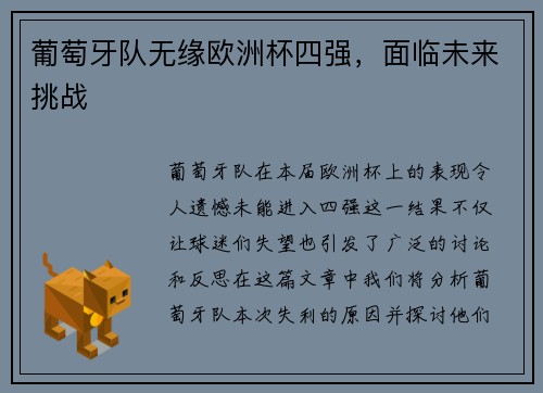 葡萄牙队无缘欧洲杯四强，面临未来挑战