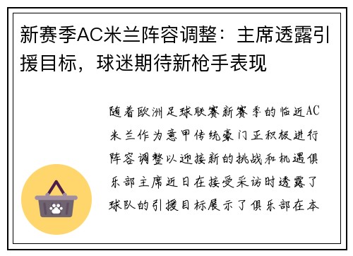 新赛季AC米兰阵容调整：主席透露引援目标，球迷期待新枪手表现